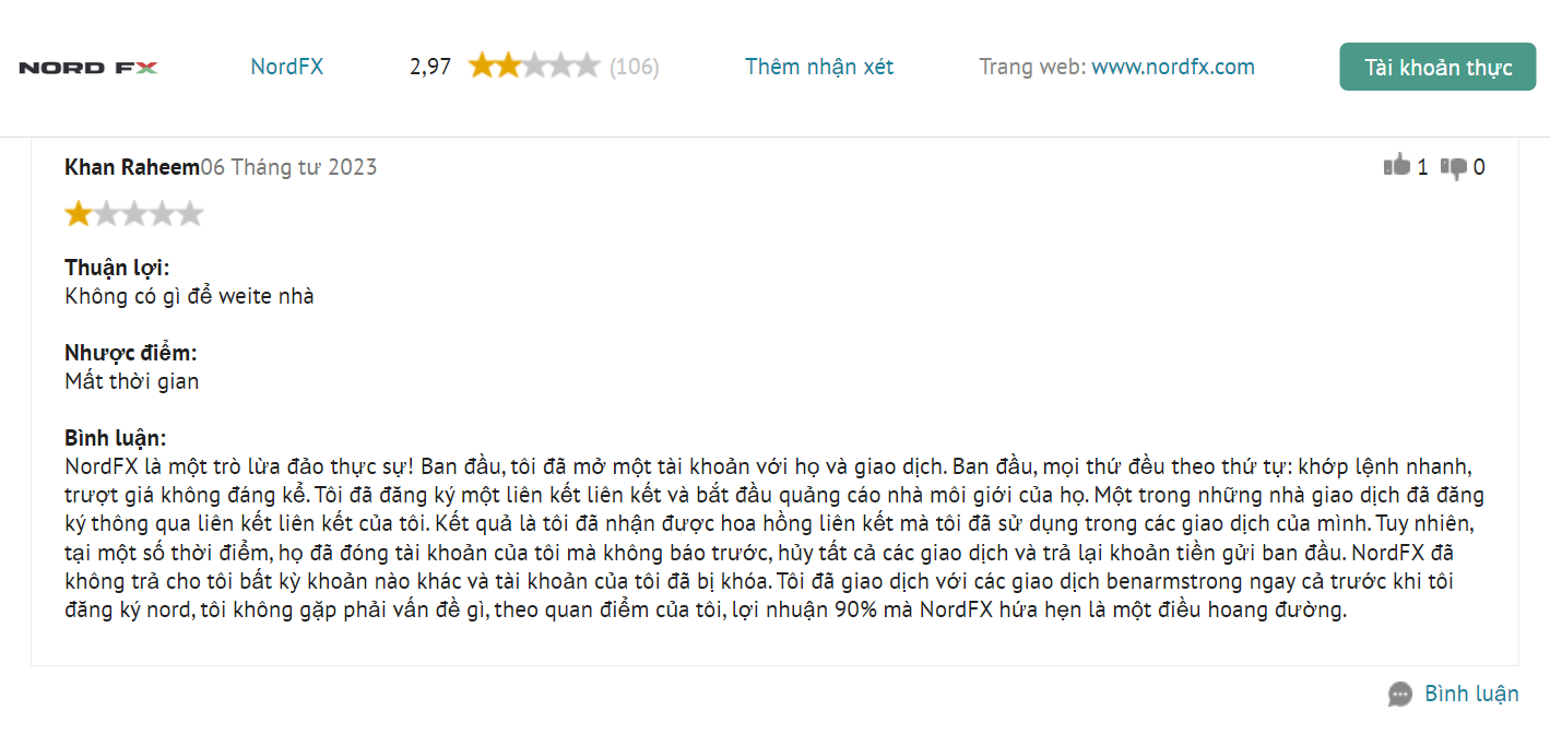 NordFX nhận được một số đánh giá tiêu cực từ người dùng.