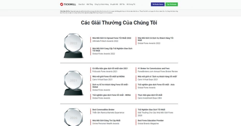 Kể từ khi thành lập cho đến nay, Tickmill đã nhận được tổng cộng 27 giải thưởng lớn trong ngành