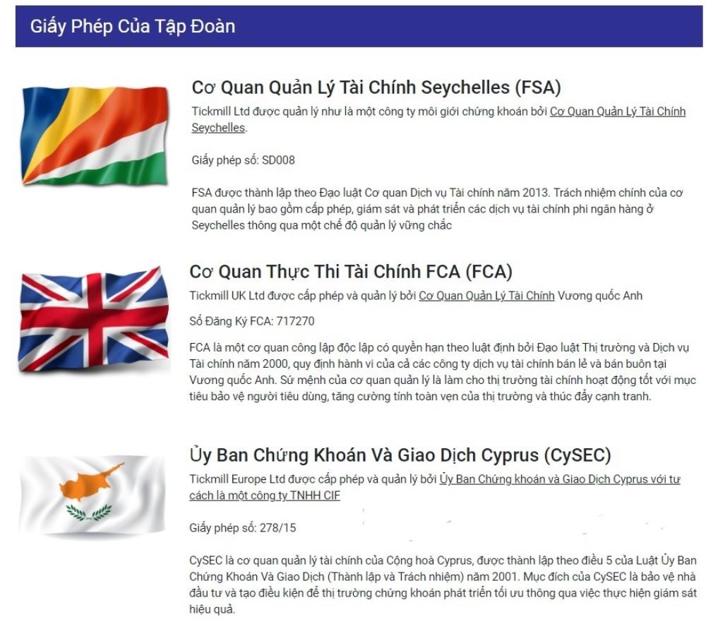 Tickmill được cấp phép hoạt động bởi 3 cơ quan quản lý tài chính hàng đầu thế giới là FSA, FCA và CySEC