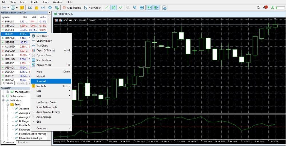Tùy theo nhu cầu mà Trader có thể chọn ẩn hoặc thiểu thị các cặp tiền trên MT4.