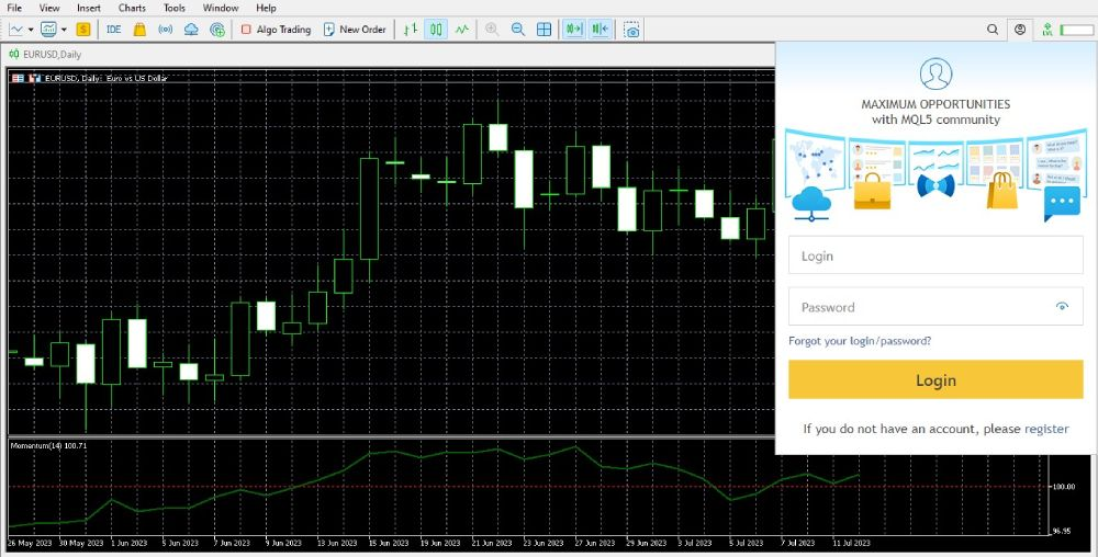 Hoàn tất việc cài đặt phần mềm MT4 bằng cách đăng nhập tài khoản giao dịch cá nhân.